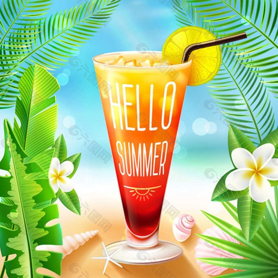 夏日暑假沙滩果汁背景图