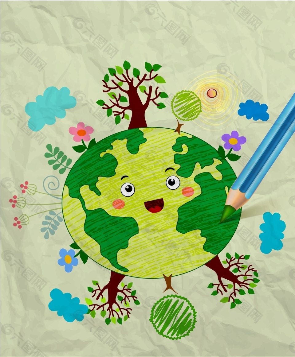 手绘地球绿色环保儿童插画平面广告素材免费下载(图片编号:8698465)