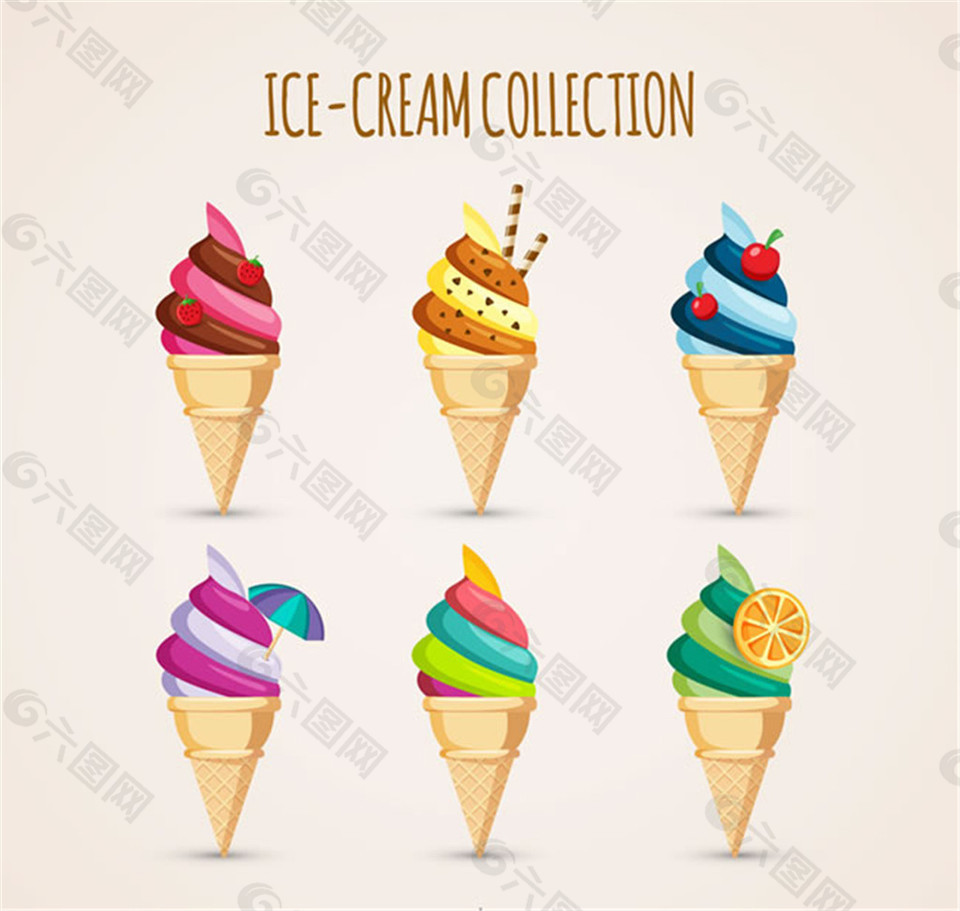 6款卡通甜筒冰淇淋矢量图