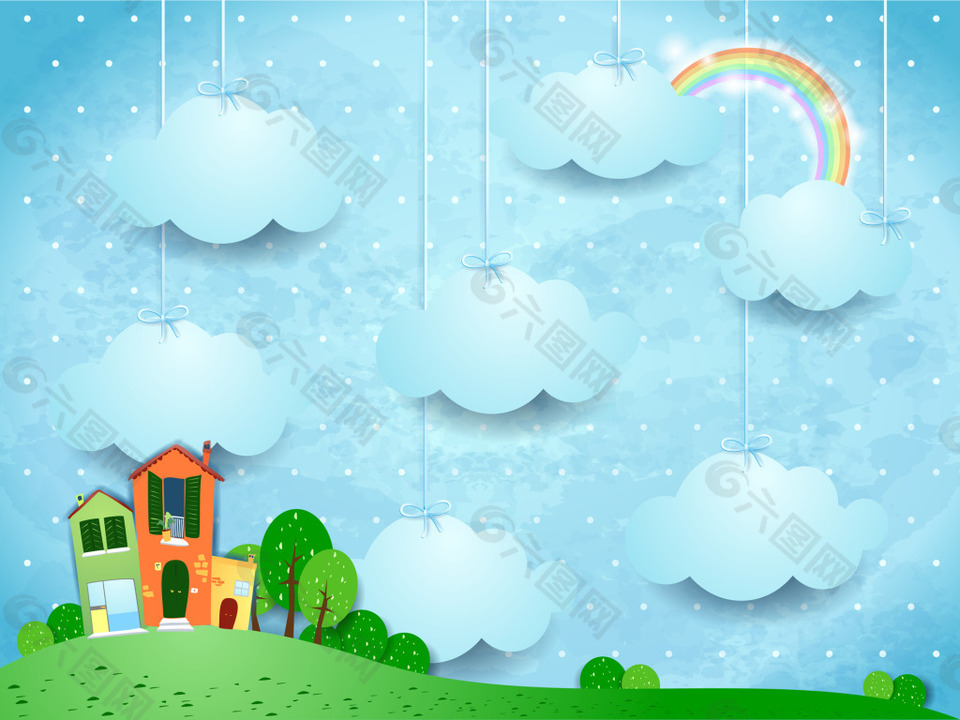 卡通可爱房屋彩虹飞机风景矢量素材