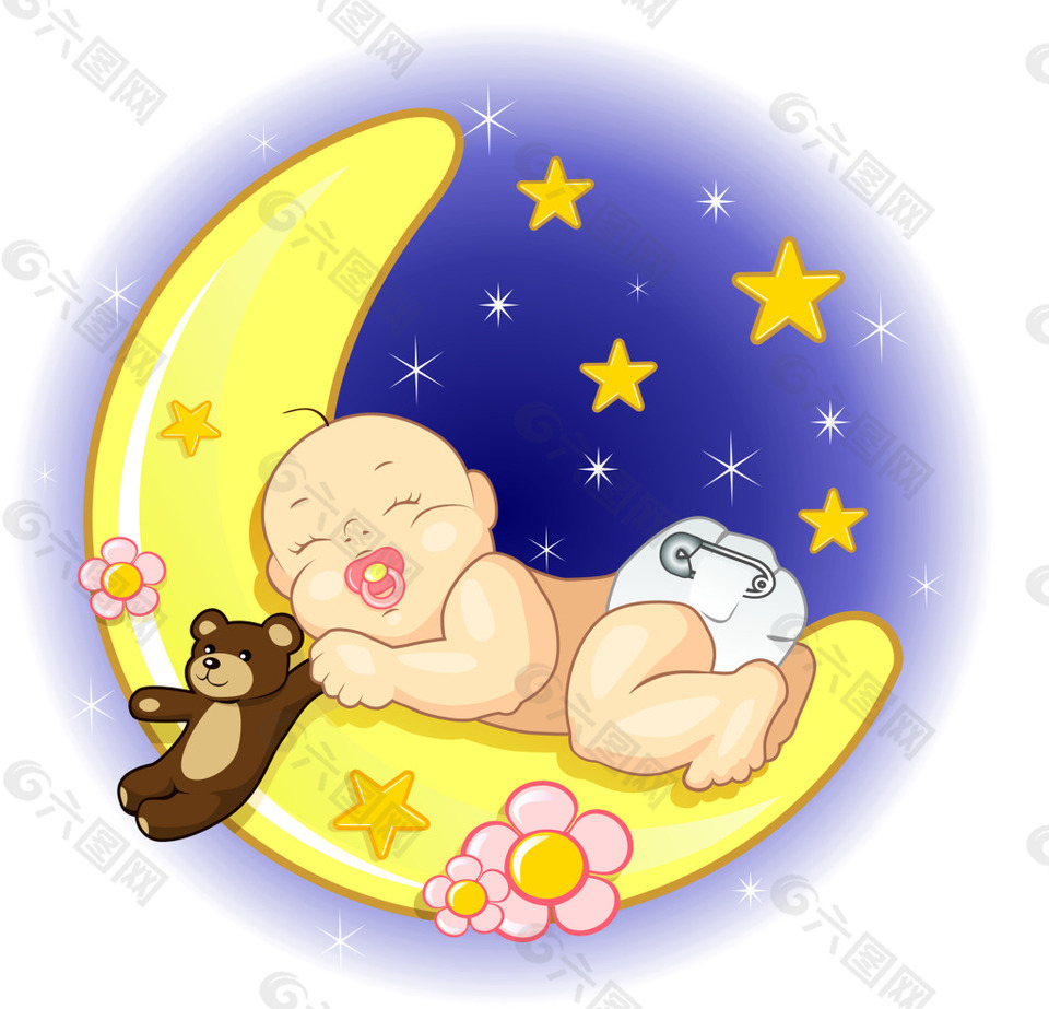 睡梦的小宝宝和月亮矢量素材