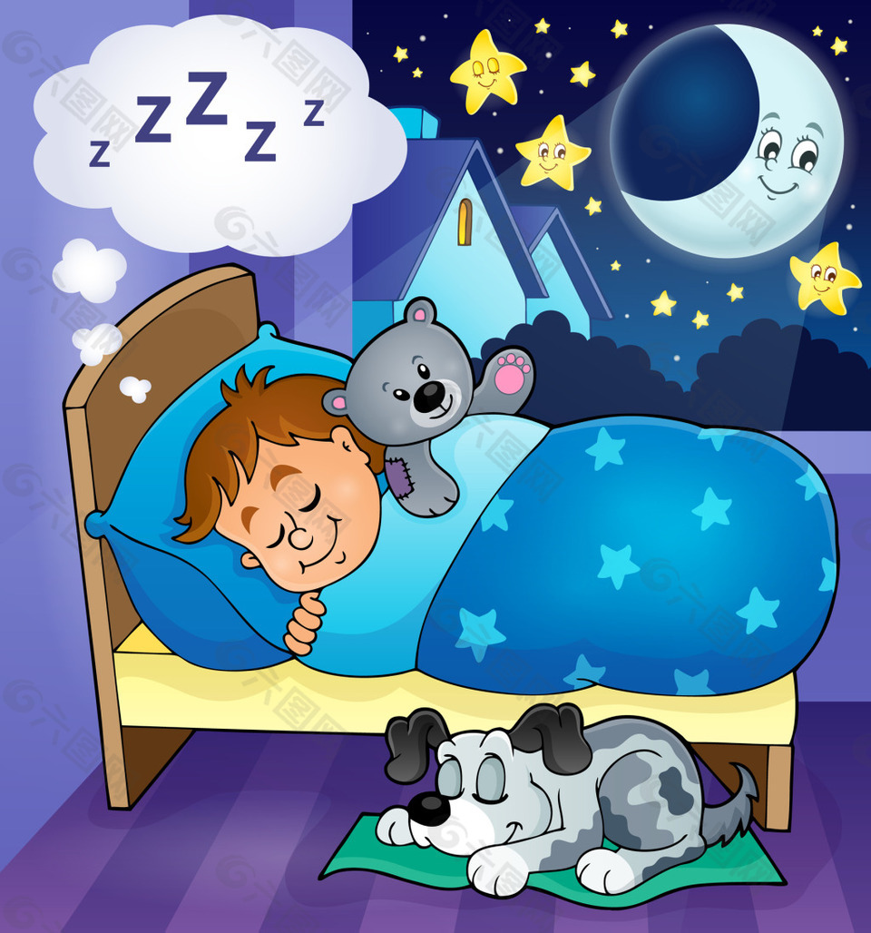 睡梦中的孩子和月亮矢量素材