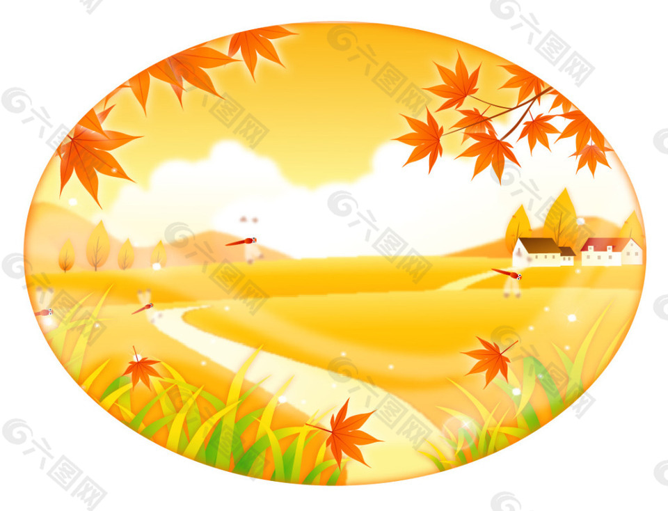 卡通圆形秋天枫叶风景素材