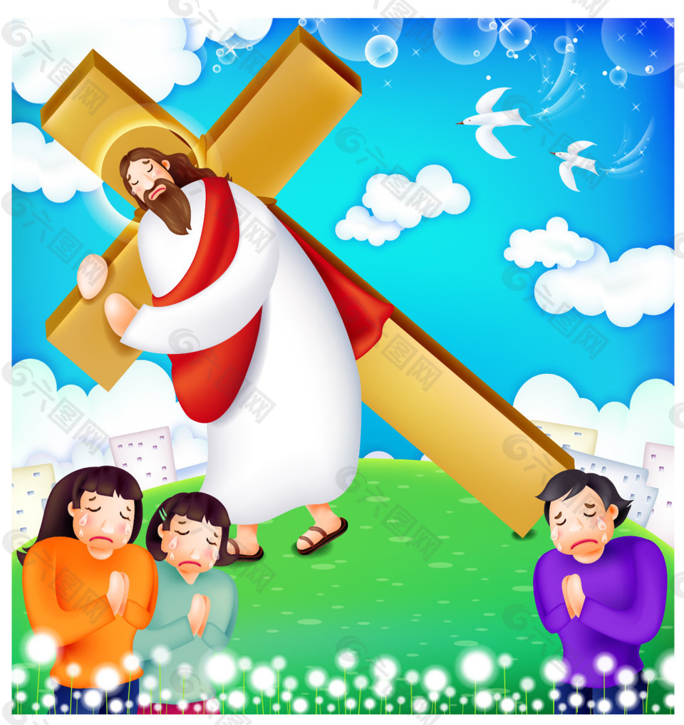 卡通十字架耶稣宗教素材设计