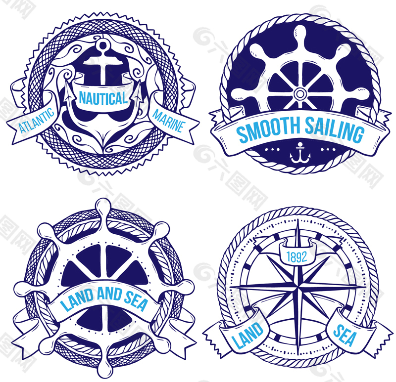蓝色彩绘航海徽章矢量