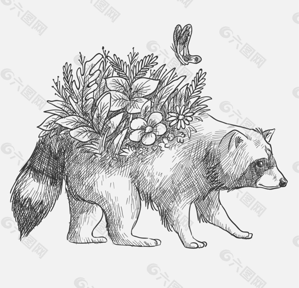 手绘背上开花的浣熊矢量