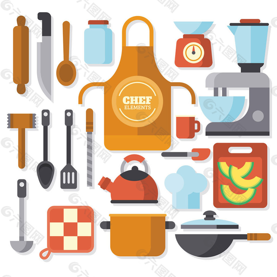 彩色各种厨房用品厨具矢量素材