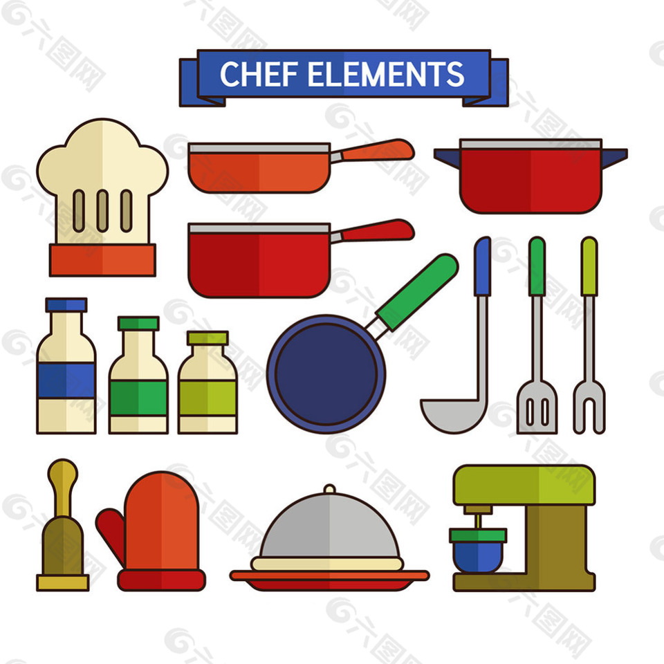 各种彩色厨师用品平面设计素材