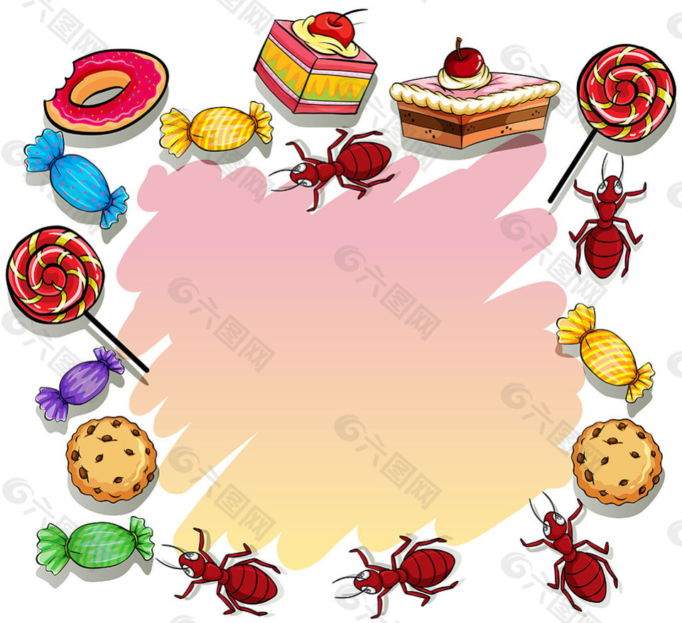 各种糖果和蚂蚁装饰花边边框模板
