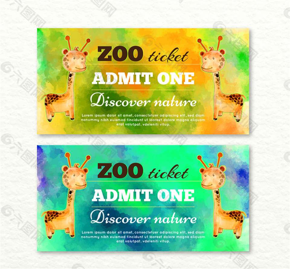 2款水彩绘长颈鹿动物园门票矢量图