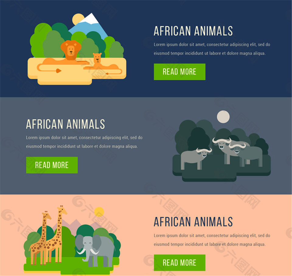 3款创意非洲动物banner矢量素材