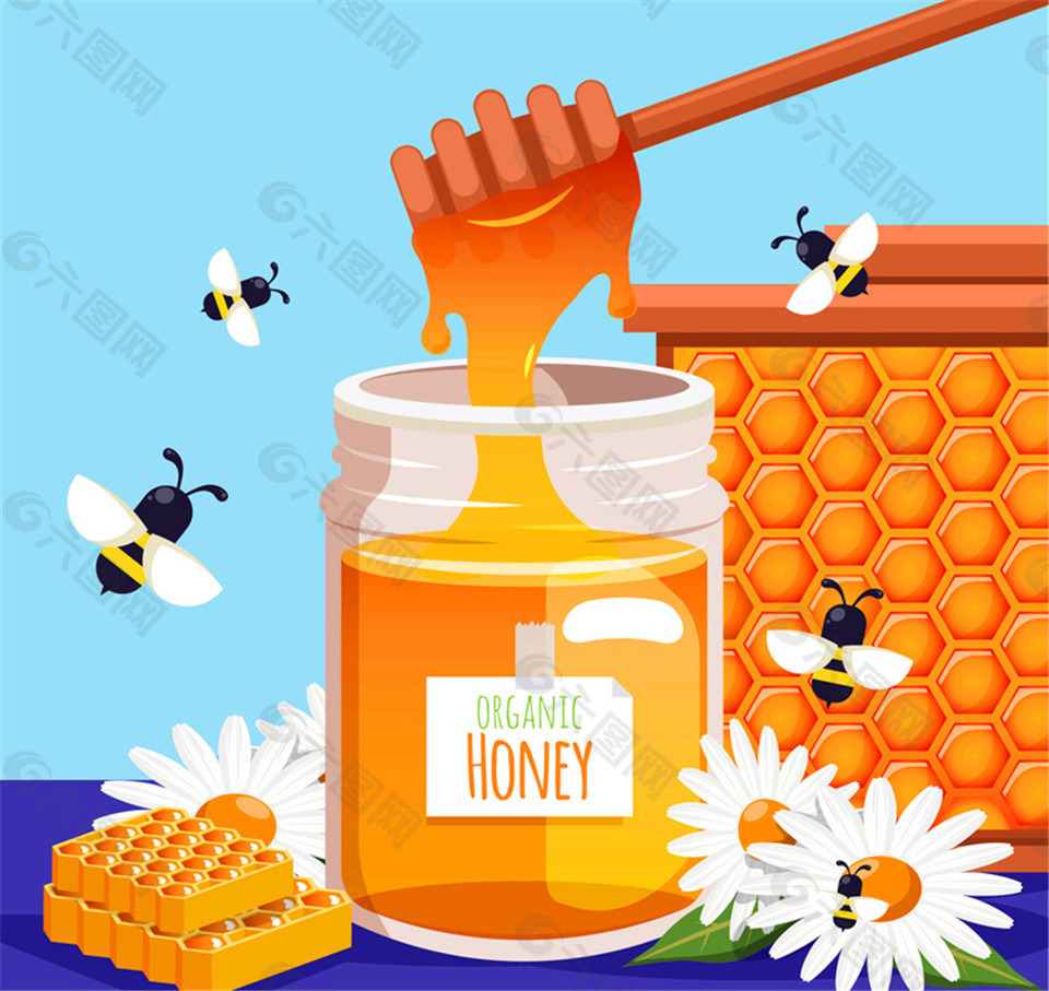 美味瓶装蜂蜜和蜜蜂矢量素材