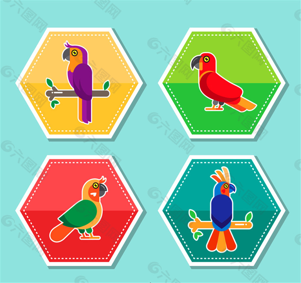 4款彩色六边形鹦鹉标签矢量素材