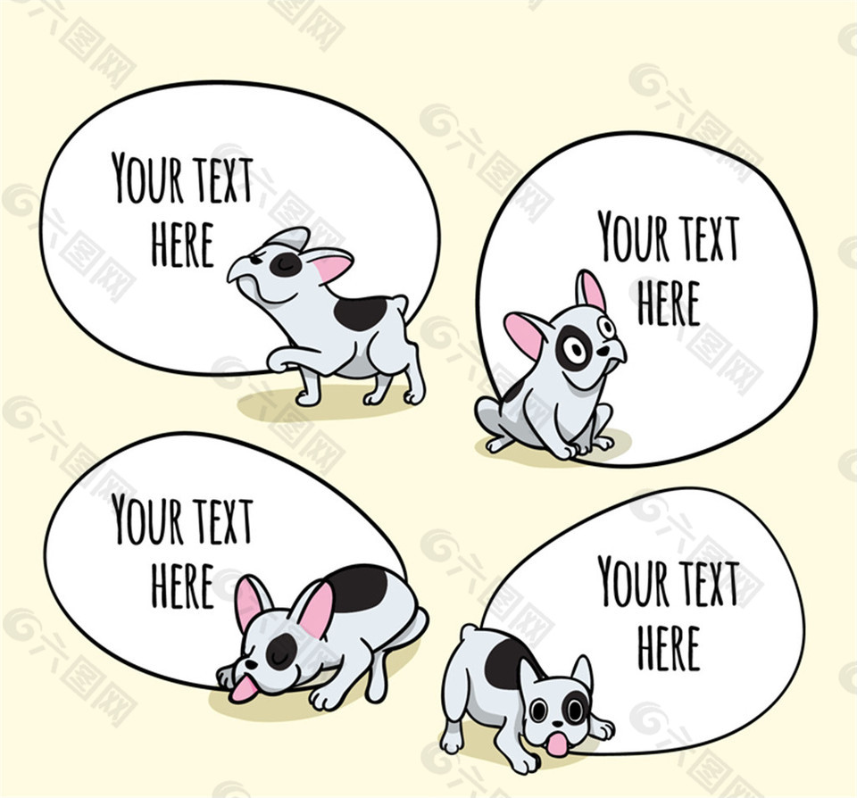 4款创意法国斗牛犬语言气泡矢量图