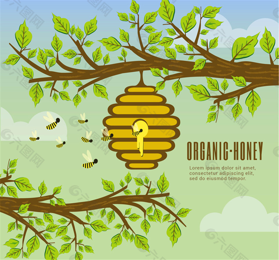 创意树枝上的蜂窝和蜜蜂矢量素材