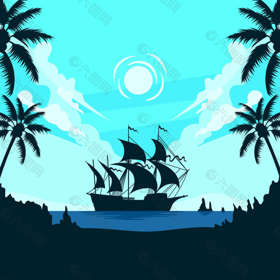 帆船剪影海岸蓝天风景背景