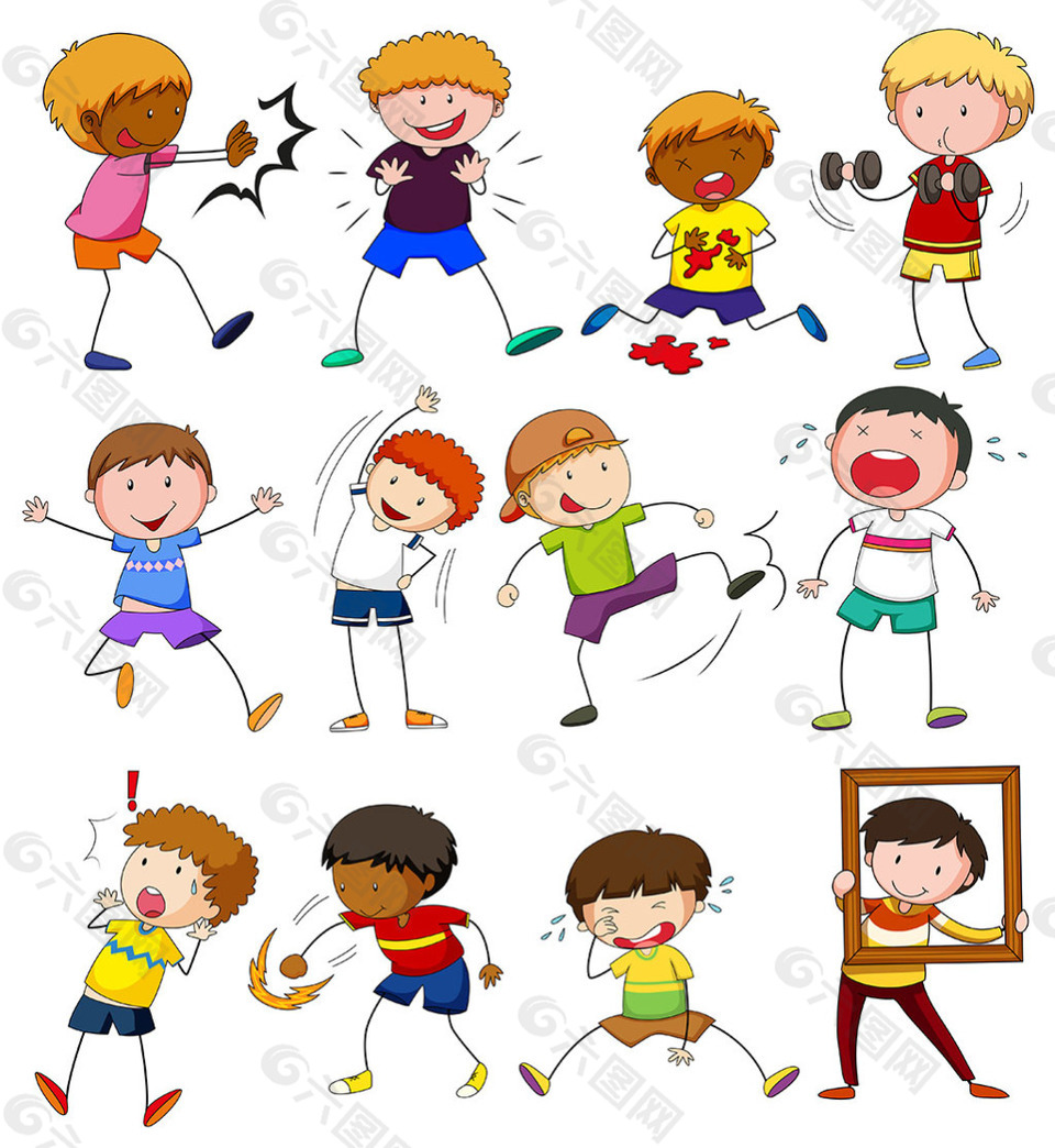 不同运动动作儿童插图矢量素材