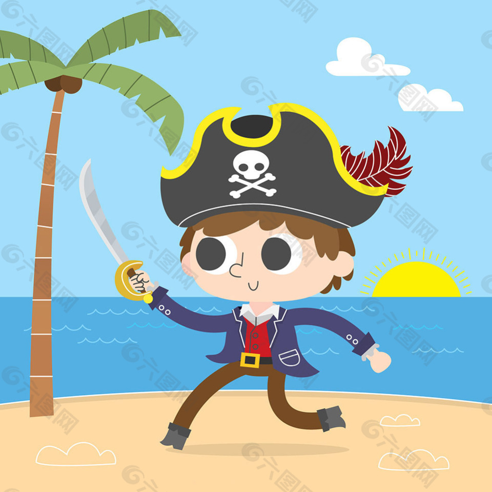 海盗男孩拿剑沙滩大海蓝天背景