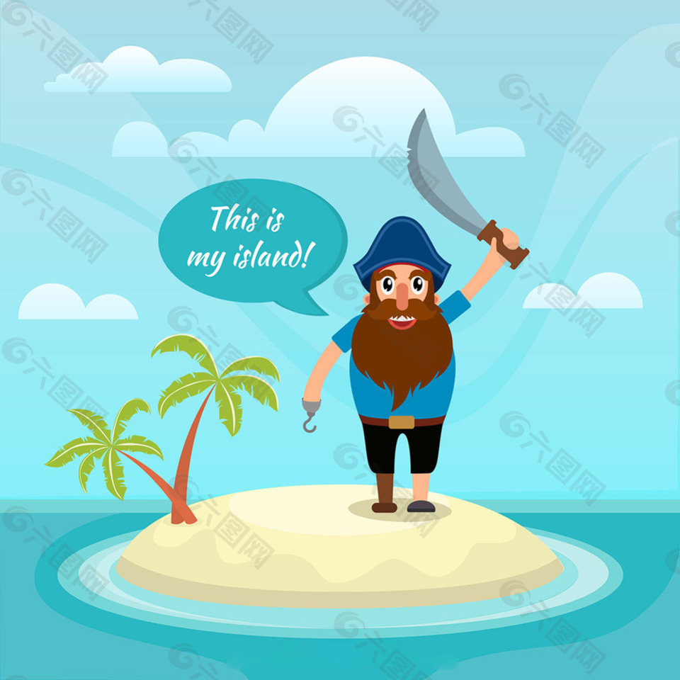 海盗角色小岛椰树大海蓝天背景