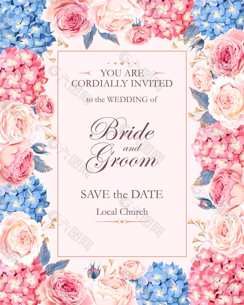粉色和蓝色花朵婚礼请贴 图片