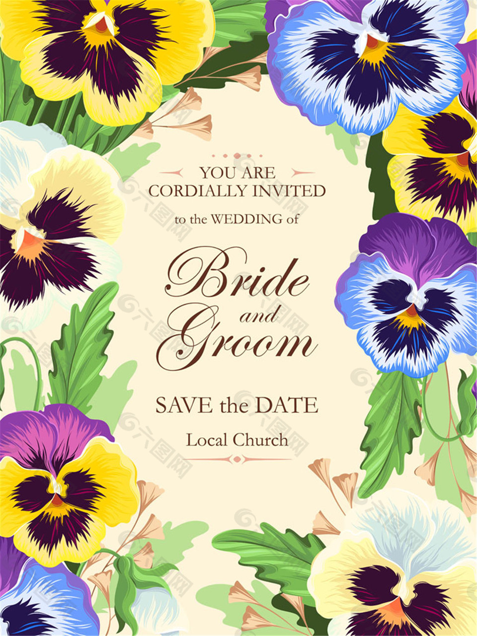 绿叶花朵请贴 图片