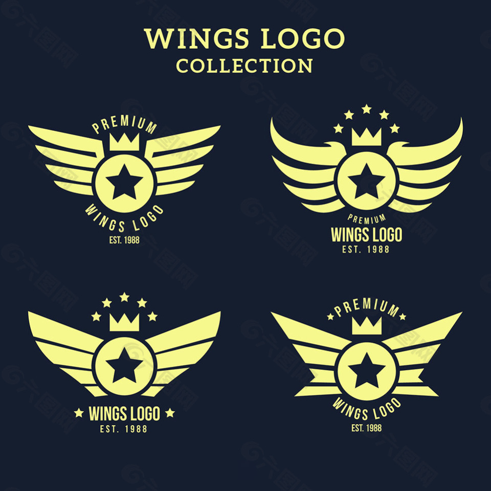 黄色双翼与翅膀标志logo模板