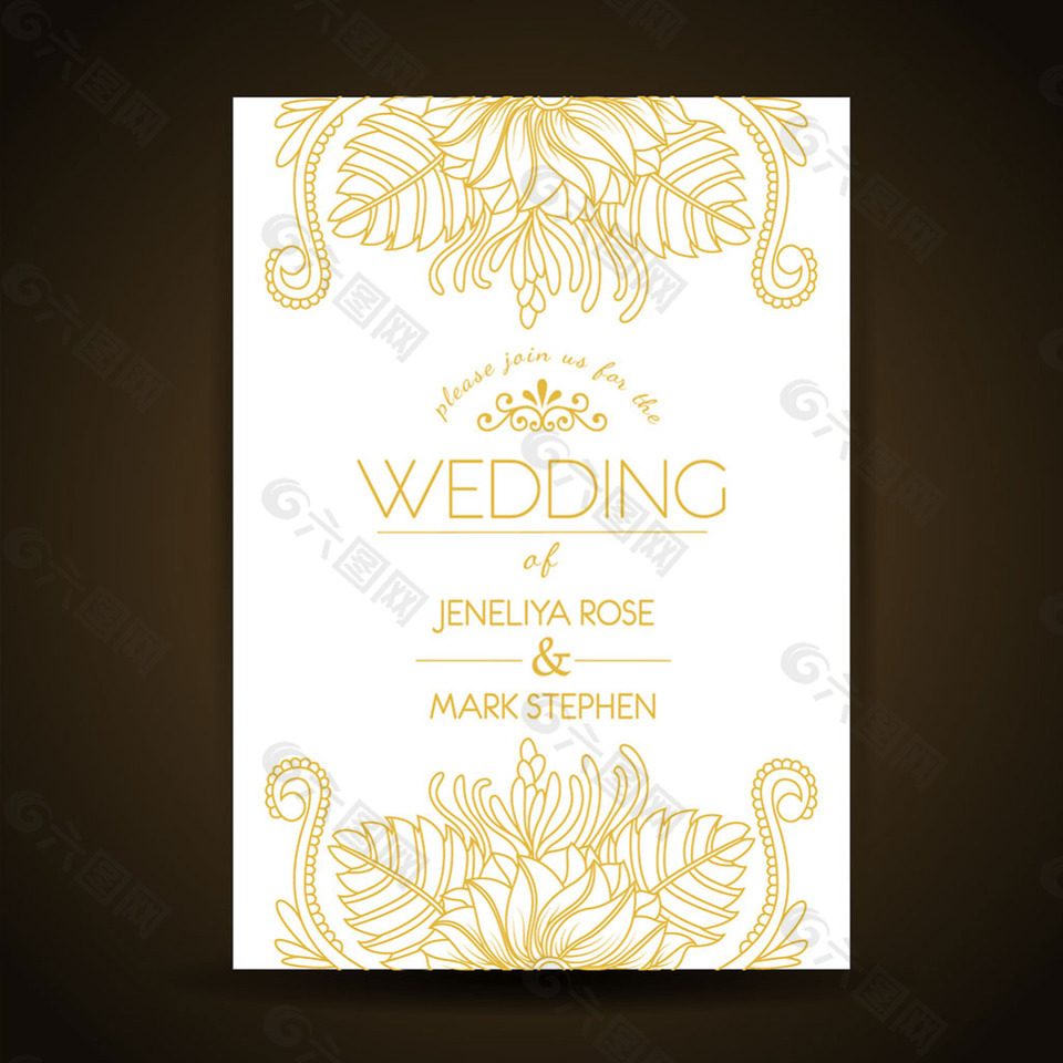 金色花纹婚礼卡设计模板