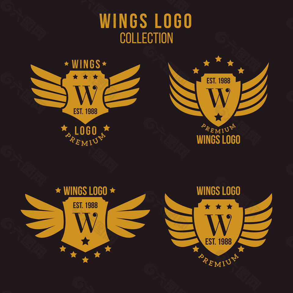 金色双翼翅膀盾牌标志