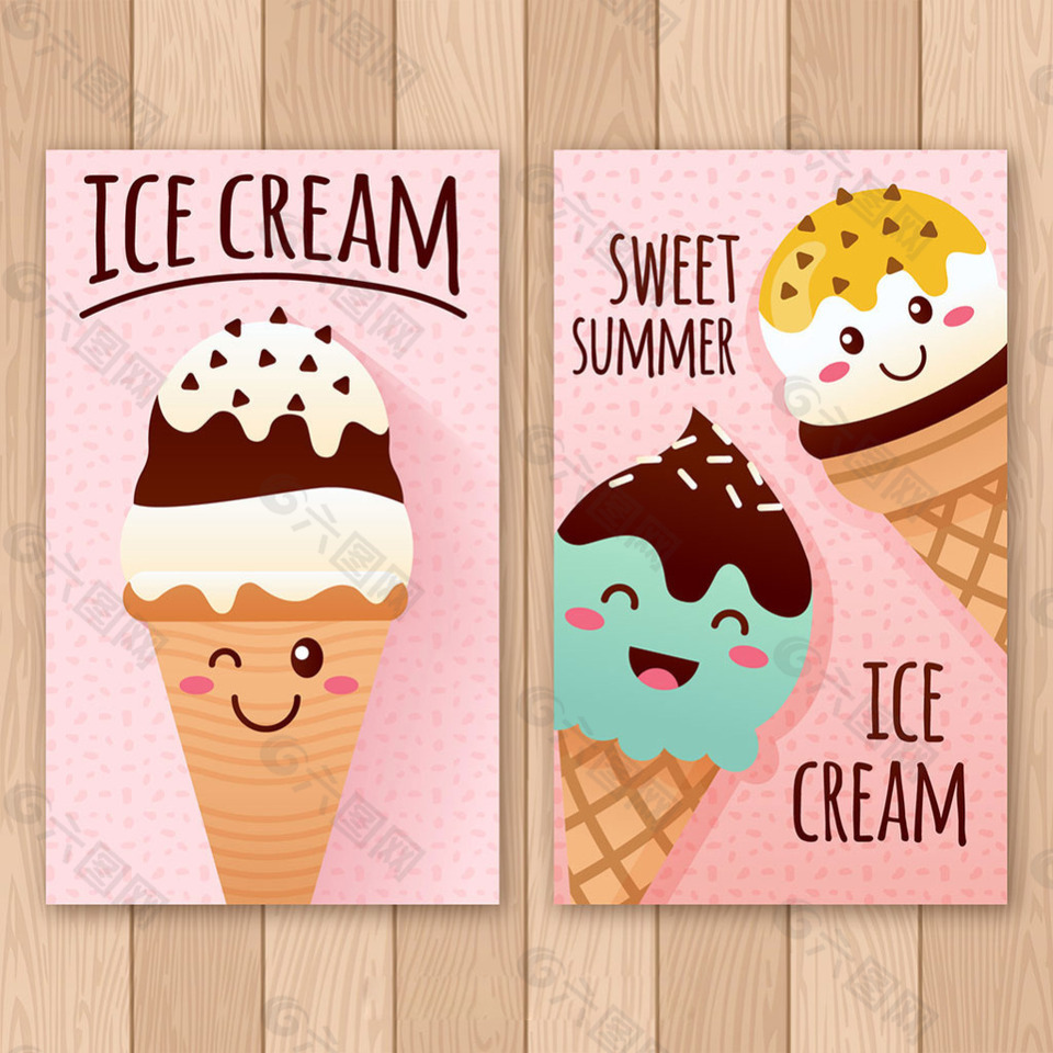 手绘卡通风格冰淇淋插图卡片