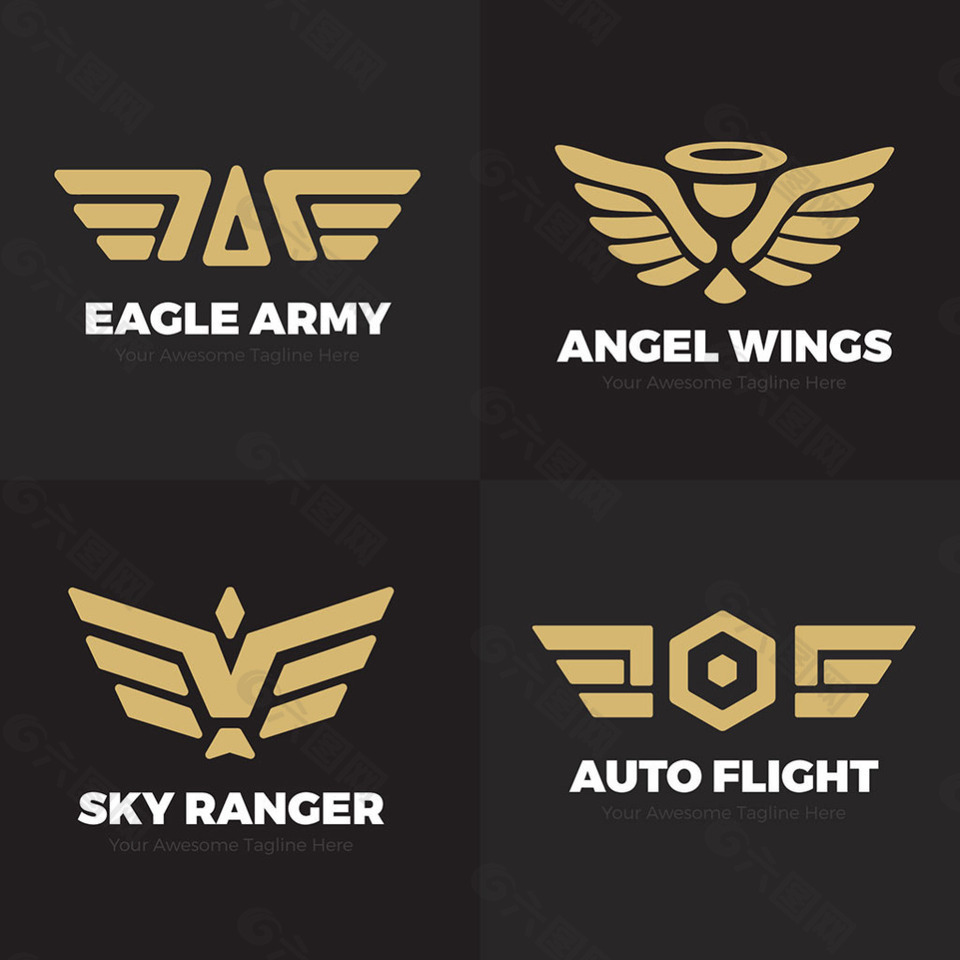 抽象金色双翼翅膀标志logo