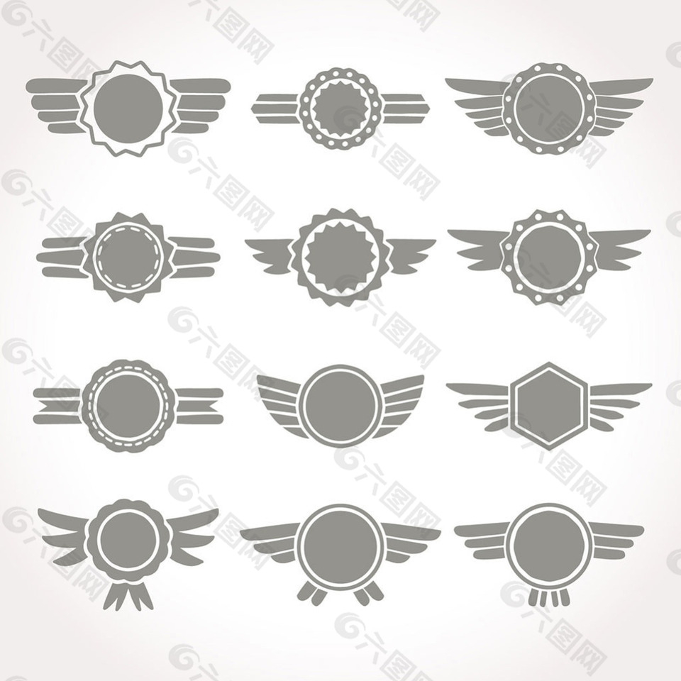 灰色双翼翅膀徽章图标矢量素材