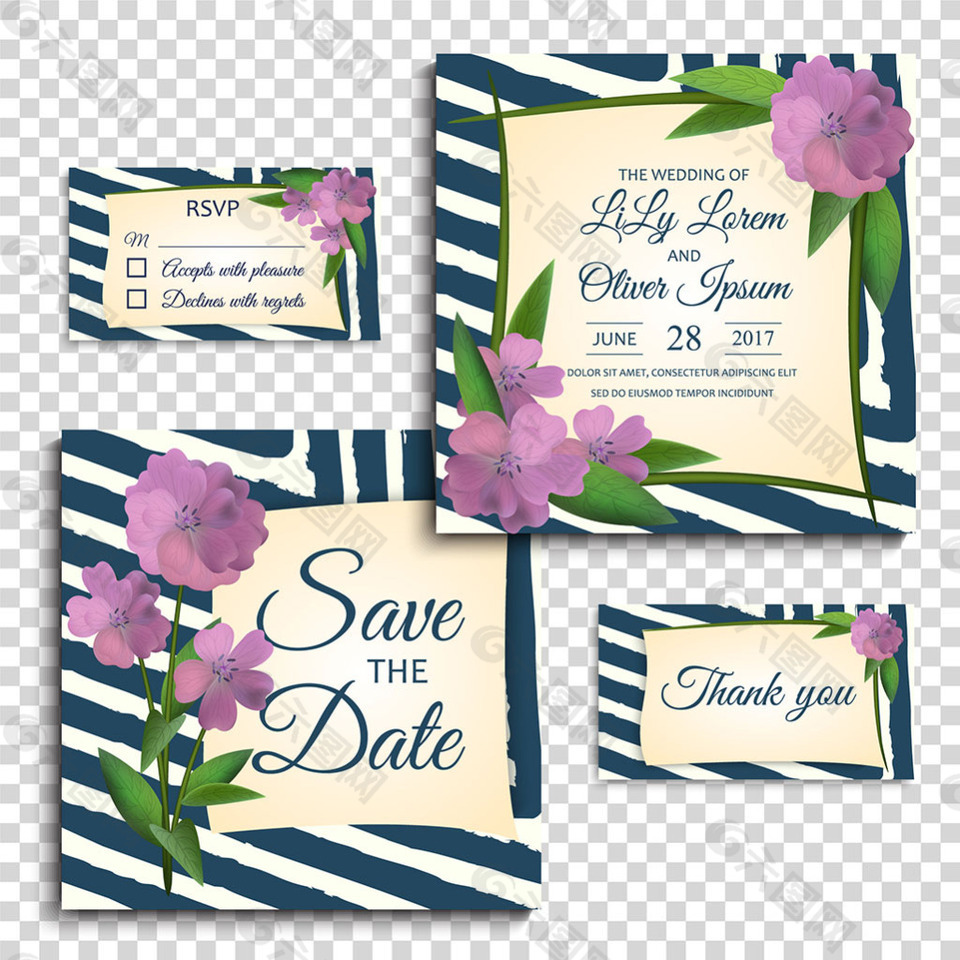 紫色装饰花朵蓝色条纹边框婚礼邀请卡