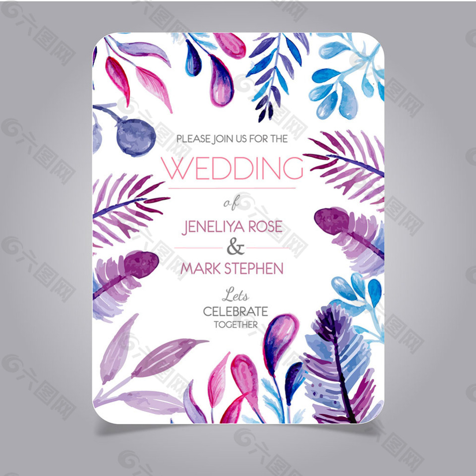 水彩效果叶子装饰花边婚礼卡