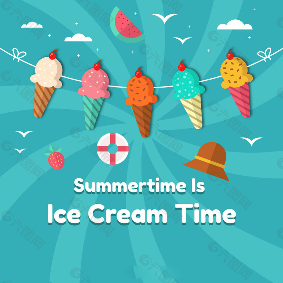 夏季元素冰淇淋装饰插图蓝色背景