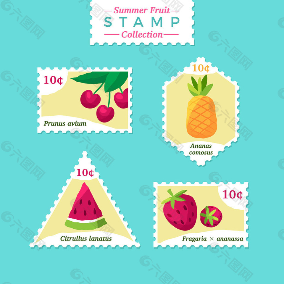 彩色水果插图邮票设计模板