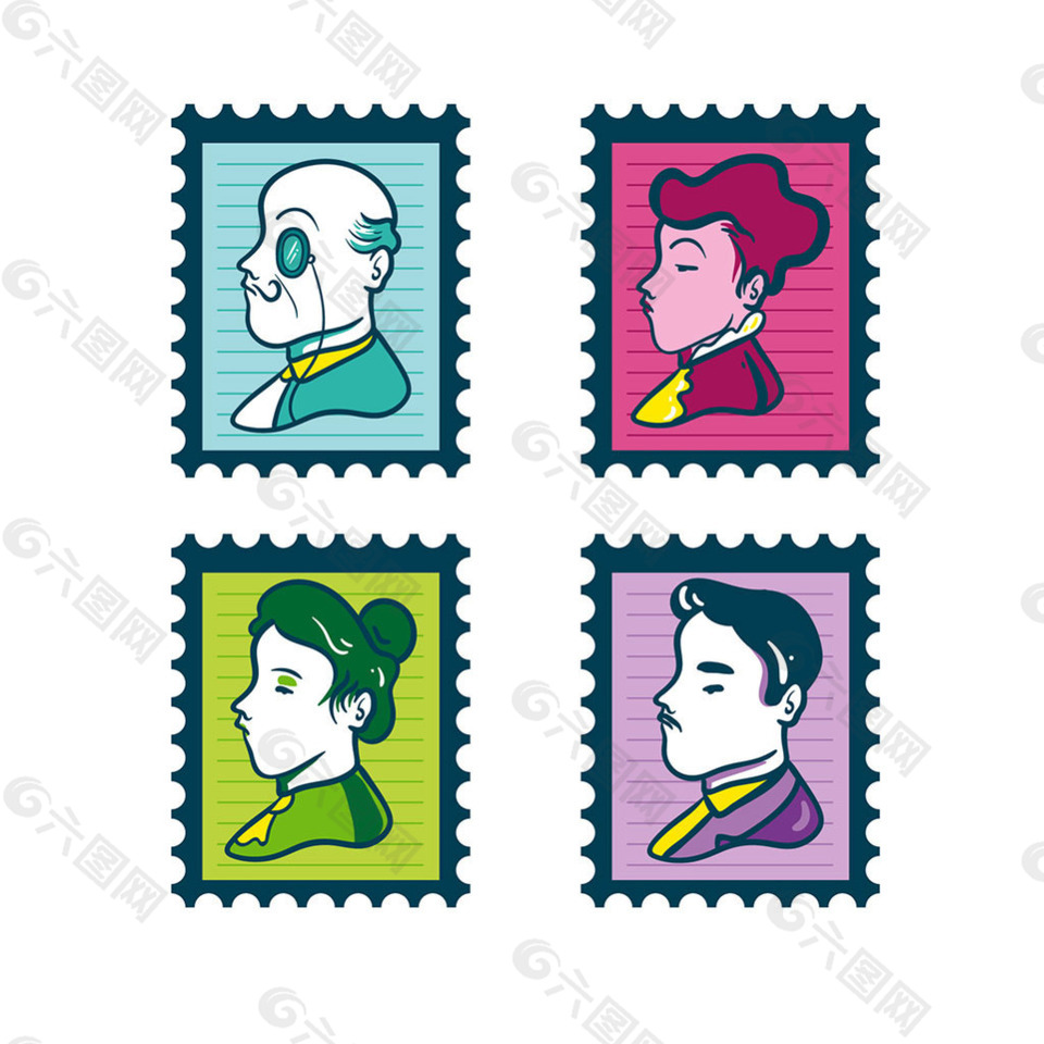 彩色装饰肖像邮票设计模板