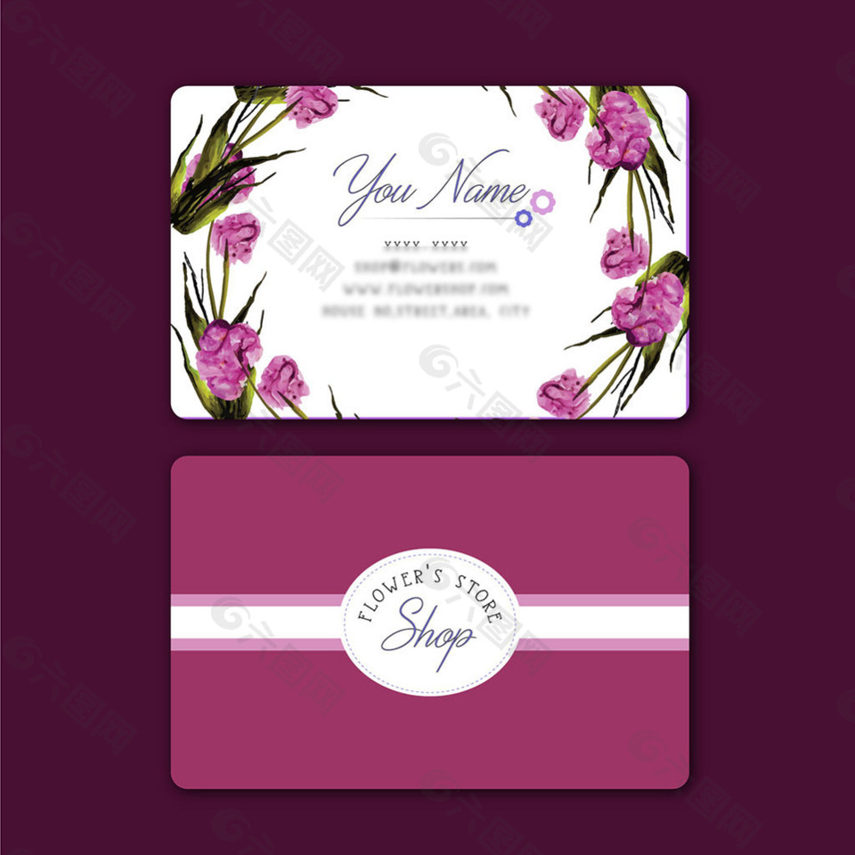 紫色花卉图案名片设计模板