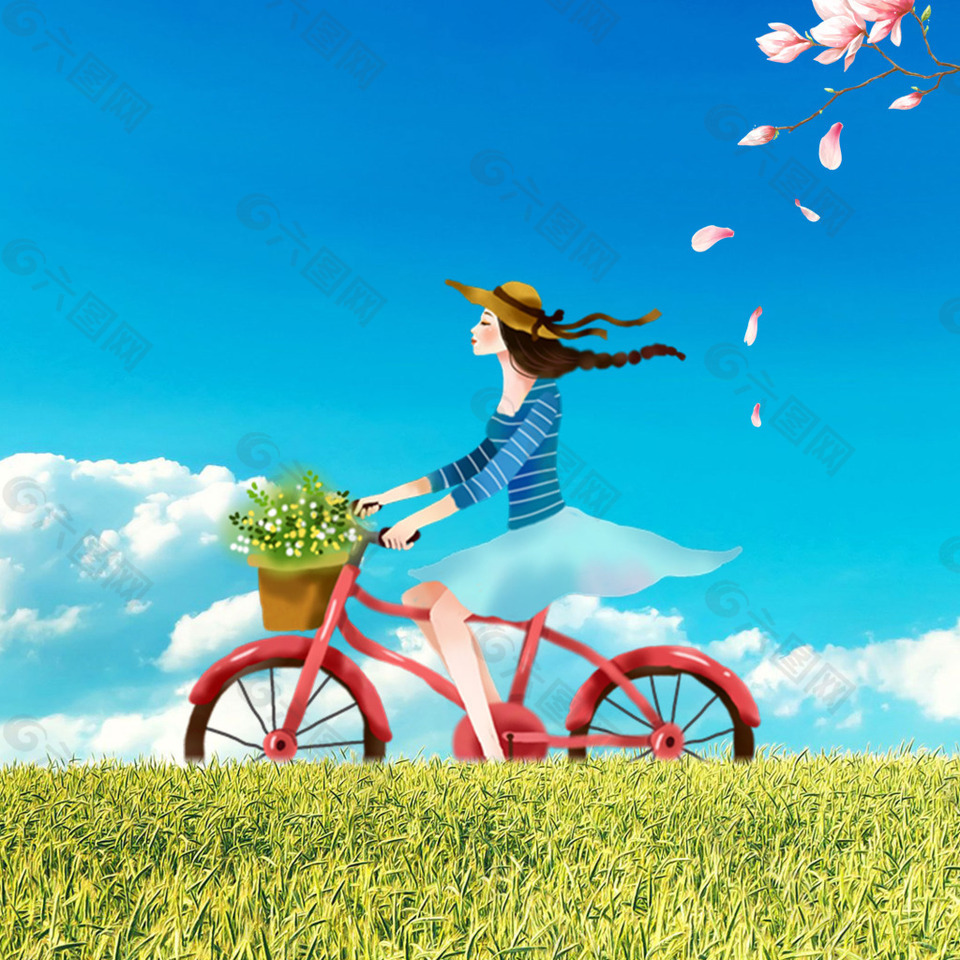自行车花束花朵花瓣蓝天白云麦草