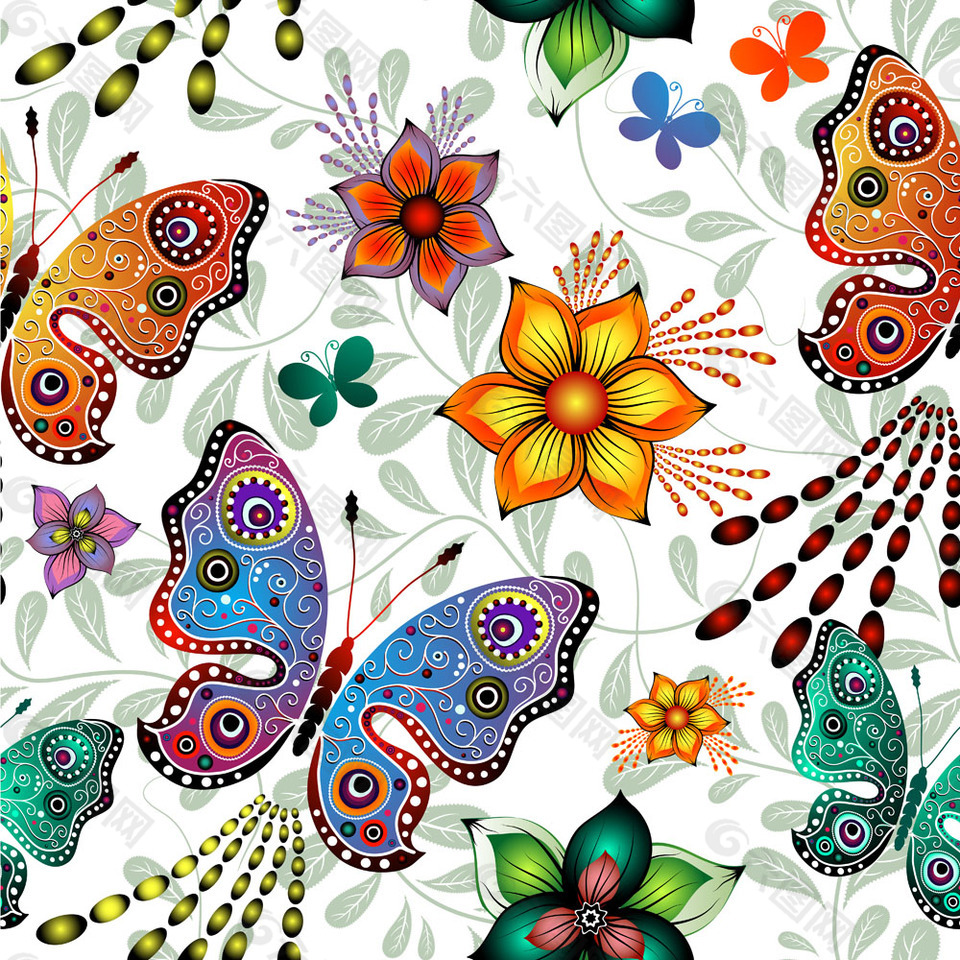 卡通蝴蝶鲜花背景图片
