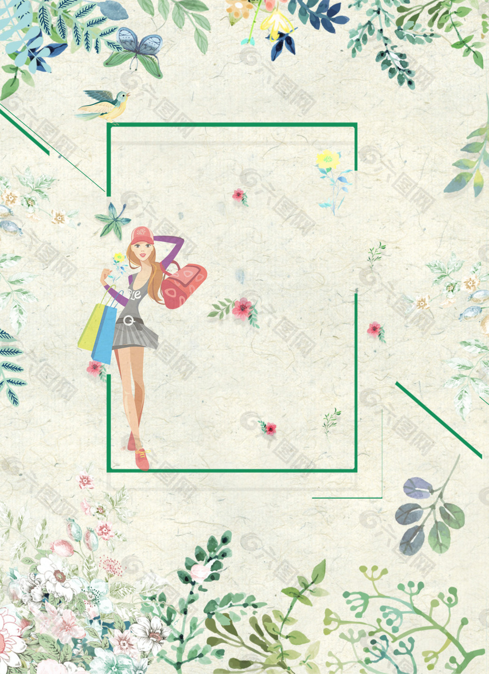 手绘美女购物背景