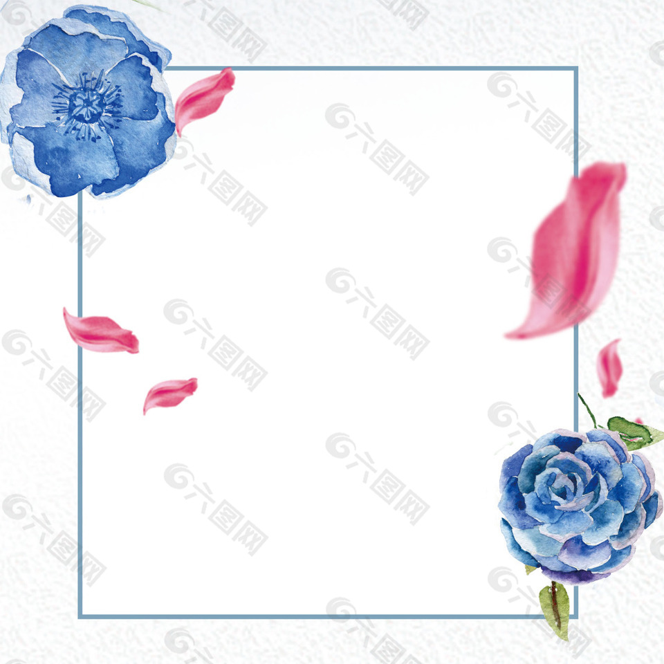 蓝色花朵粉色花瓣树叶边框素材