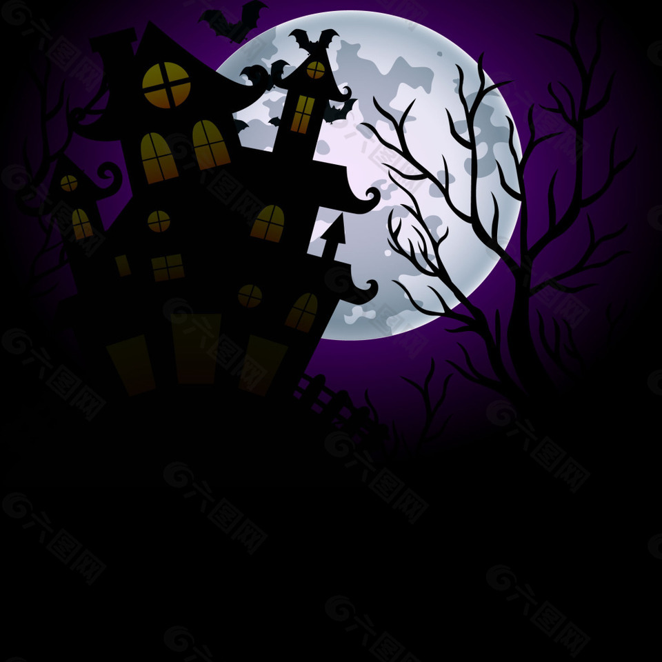 月亮城堡树木蝙蝠万圣节广告背景素材
