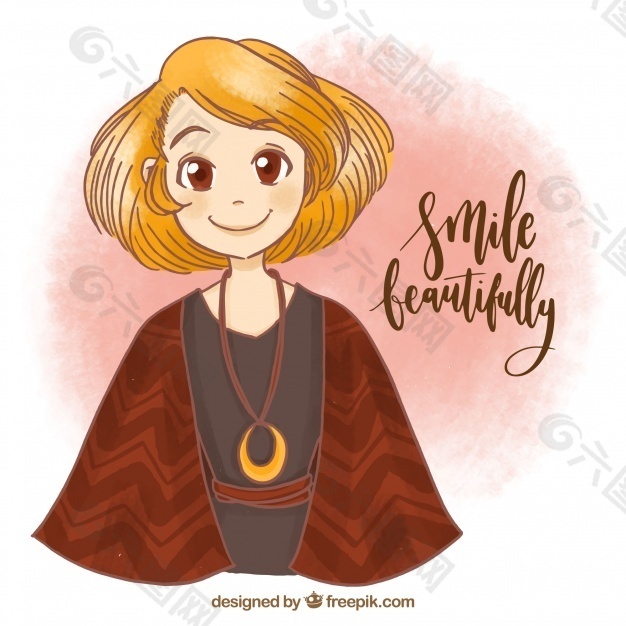 年轻女子微笑的手绘背景