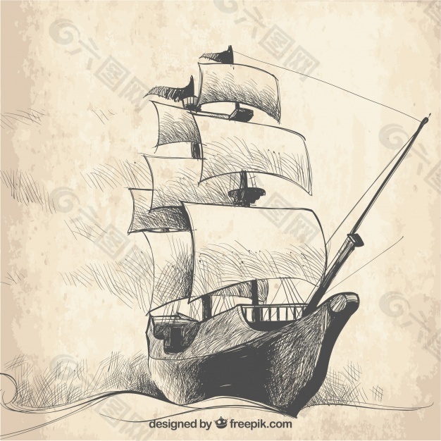 帆船背景复古素描