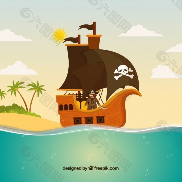 海上海盗船的扁平背景