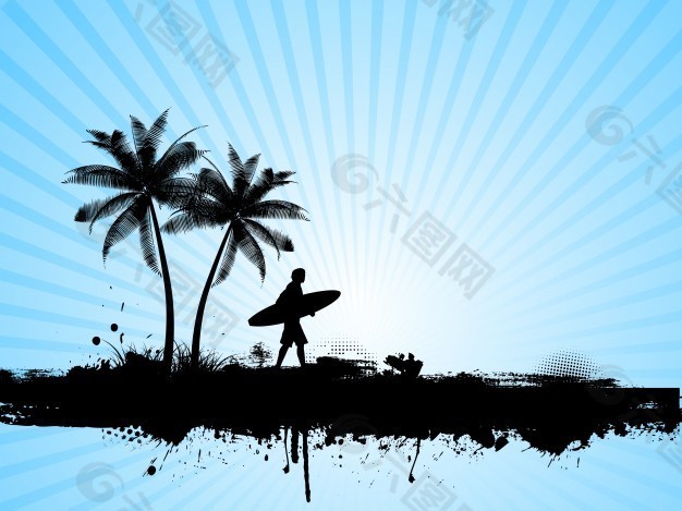 棕榈树背景上冲浪者的剪影