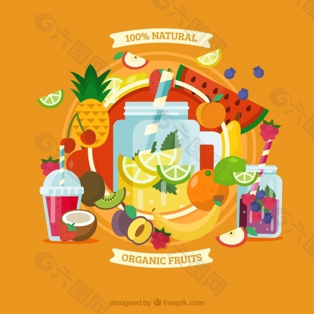 橙色的背景，各种水果和容器的平面设计