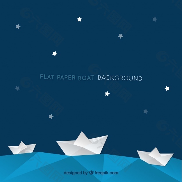 蓝色背景，星星和纸船
