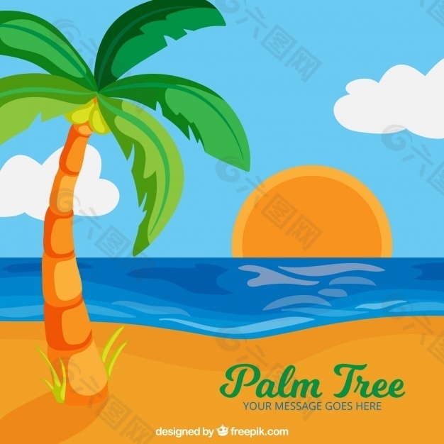 带棕榈树背景的彩色日落