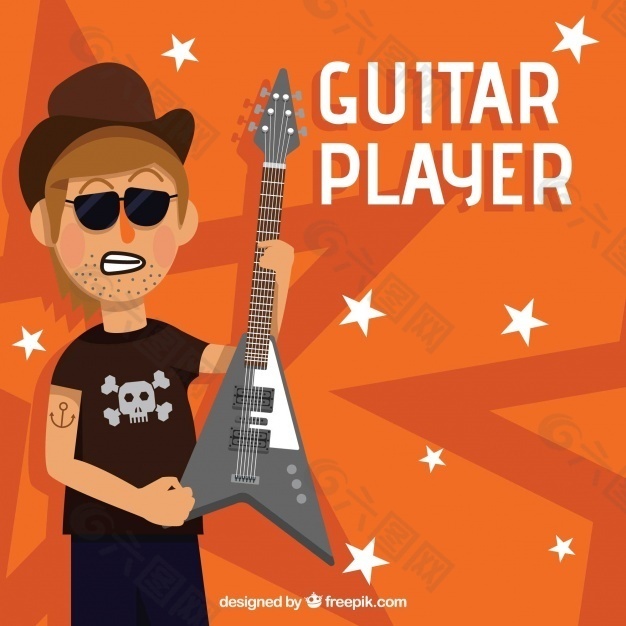橙色背景吉他手